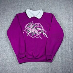 Vintage Morning Sun Collared Sweatshirt Floral Heart Valentines Purple Womens L